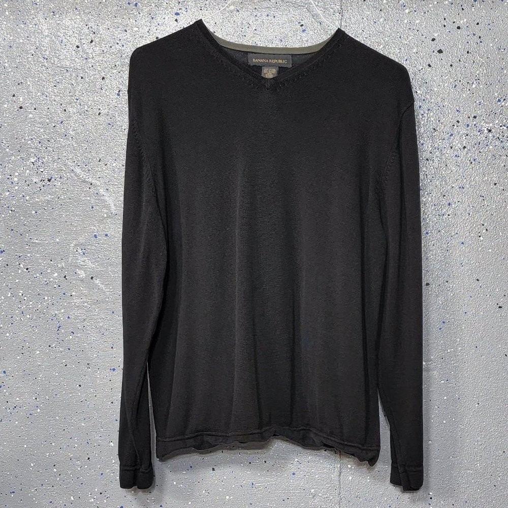 Banana Republic Mens Black 60% Silk 40% Cotton Long Sleeve V Neck Sweater Large